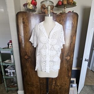 Johnny Was White Eyelet Button Down Shirt